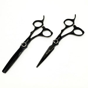 Professional Set Kashi Shears, B-3360 - B3330T Hair Cutting 6  inch and Thinning Shears 6 inch  30 teeth, Japanese Stainless Steel, Black Color, Set