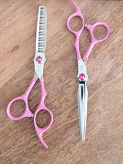 Load image into Gallery viewer, Kashi Shears Hair Scissors Set,  Cutting Shears (P-3460) and Thinning Shears (P-3430T) Japanese Stainless Steel, Pink Color,

