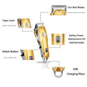 The KEMEI 1986 Hair Clipper ·    USB Charging Cable  · Battery power * switch button, feature trimmer gold
